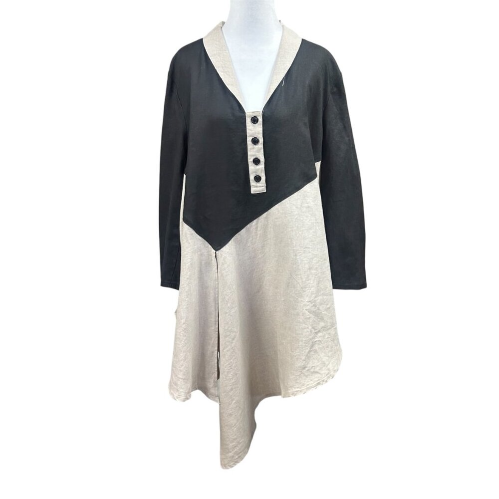 NWOT Design Todays 100% Linen Boho Asymmetrical Lagenlook Oversized Blouse Sz S